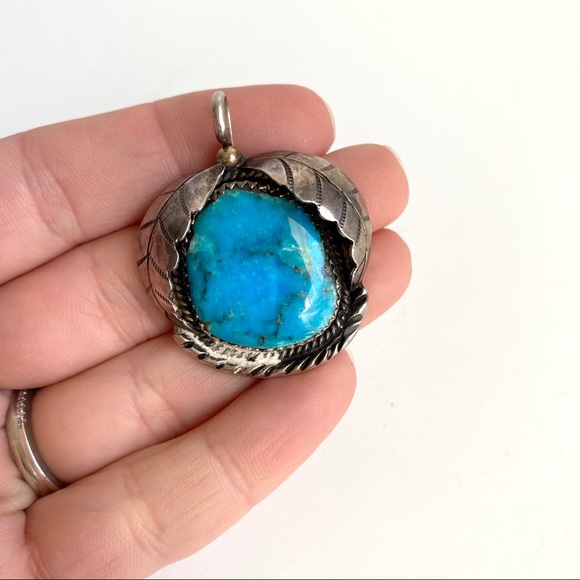 Vintage Turquoise Silver Pendant Necklace Handmade - Picture 8 of 9